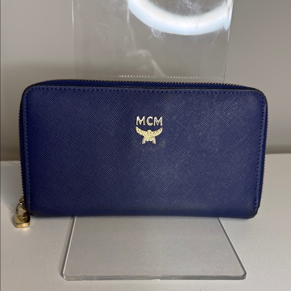 MCM Handbags - MCM Blue Saffiano Leather Wallet with Gold Accents